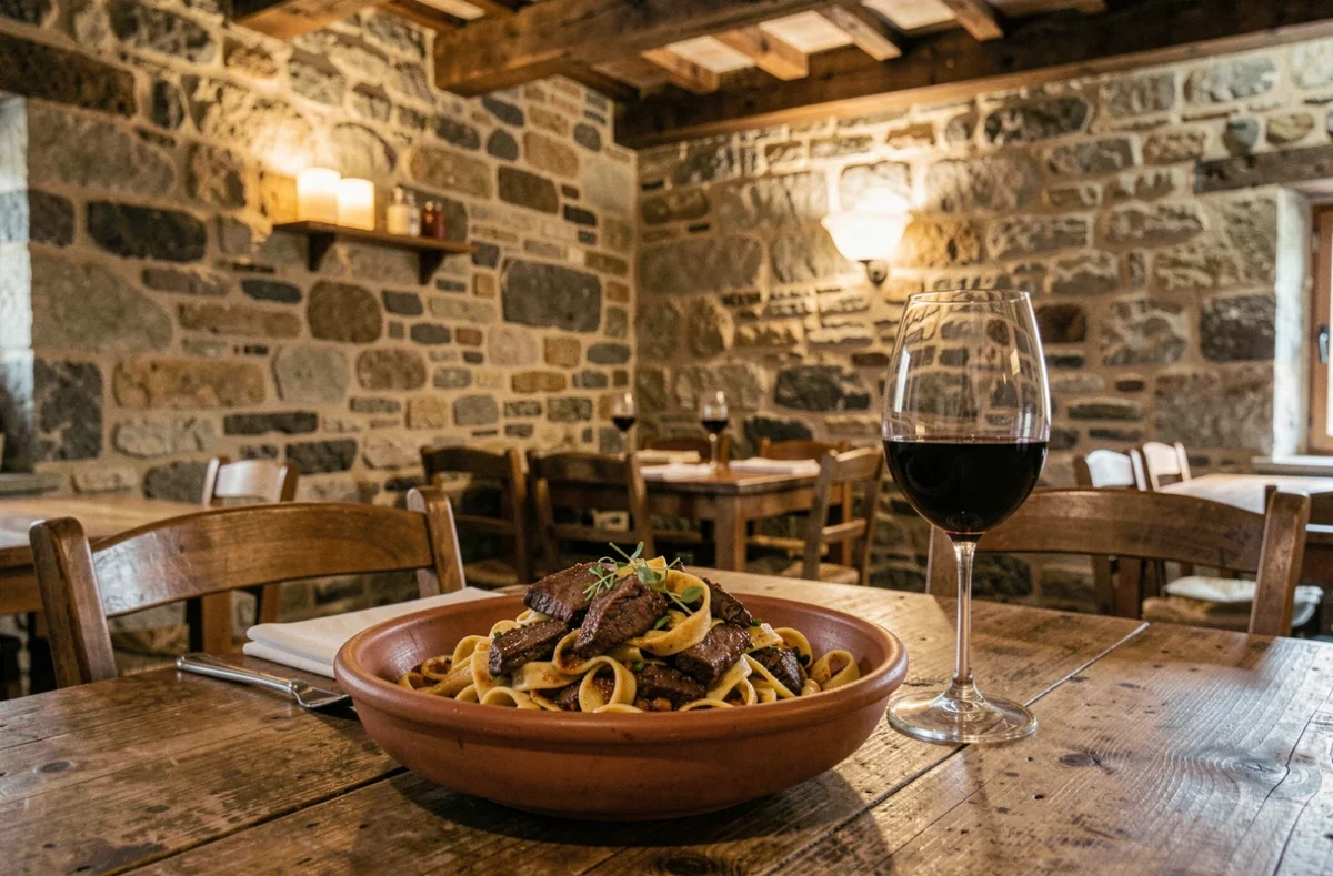 Plat de pappardelles au sanglier dans un bol en terre cuite sur une table en bois dans un restaurant italien en Dordogne avec murs en pierre calcaire apparents