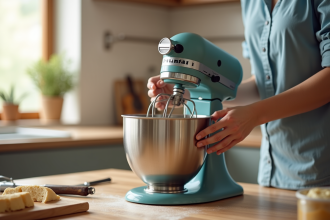 Personne dans une cuisine moderne essayant d'ouvrir un bol de mixeur en acier inoxydable