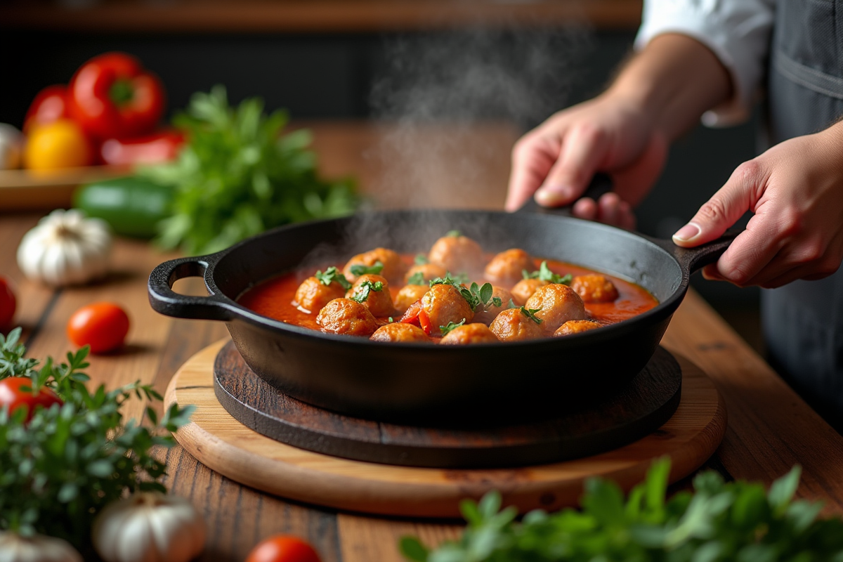 Cuisinier préparant un repas avec casseroles en fonte sur une table rustique