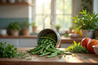 Cuisine rustique avec haricots verts ouverts et herbes fraîches