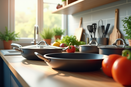 Plan de la cuisine moderne avec poêles et casseroles en acier et fonte