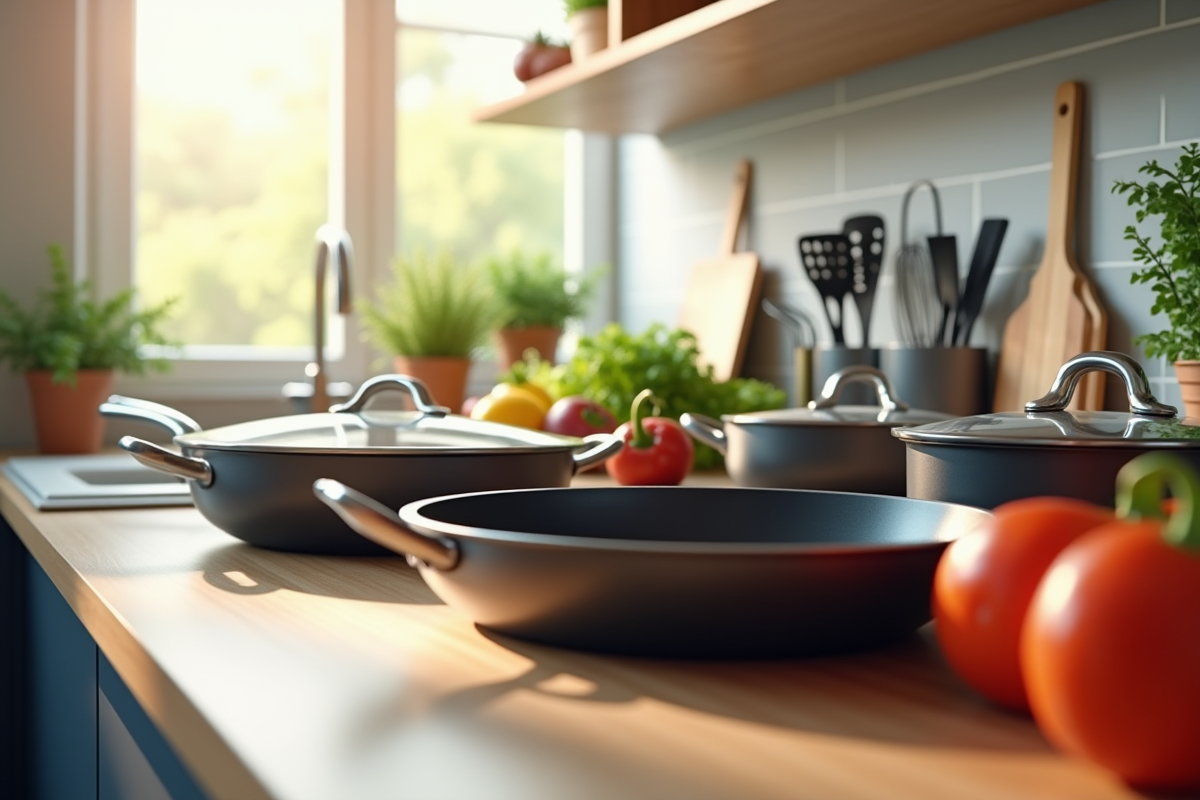 Plan de la cuisine moderne avec poêles et casseroles en acier et fonte