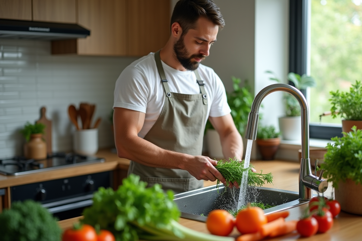 Jeune homme lavant des légumes dans une cuisine moderne