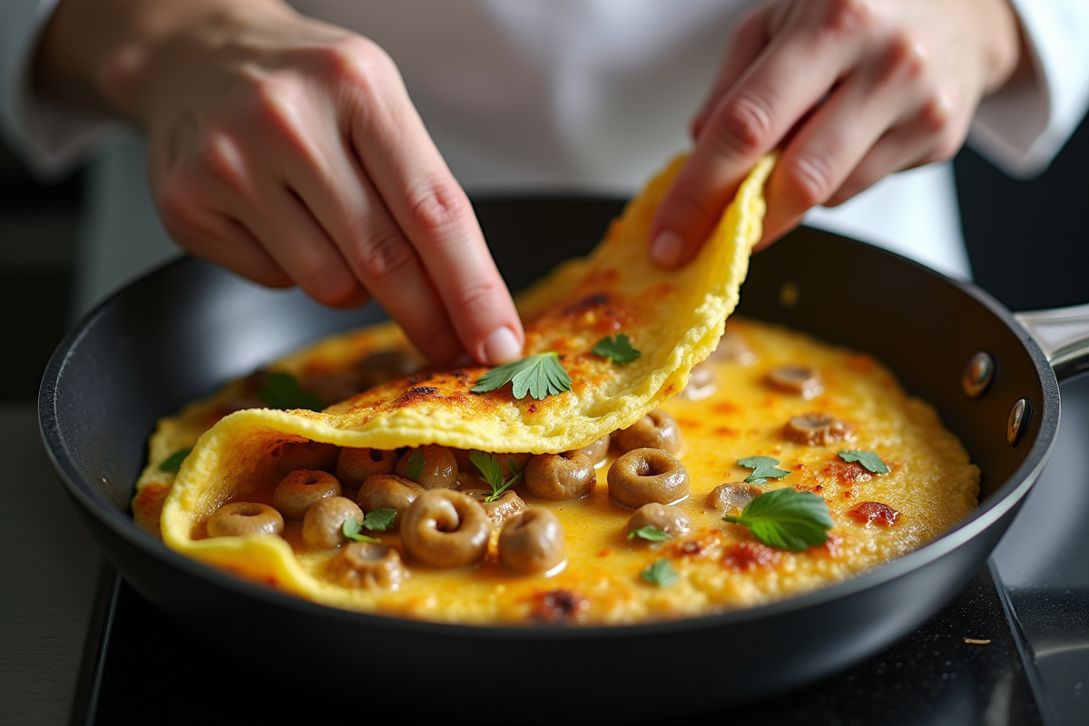Chef pliant une omelette aux girolles dans une poêle