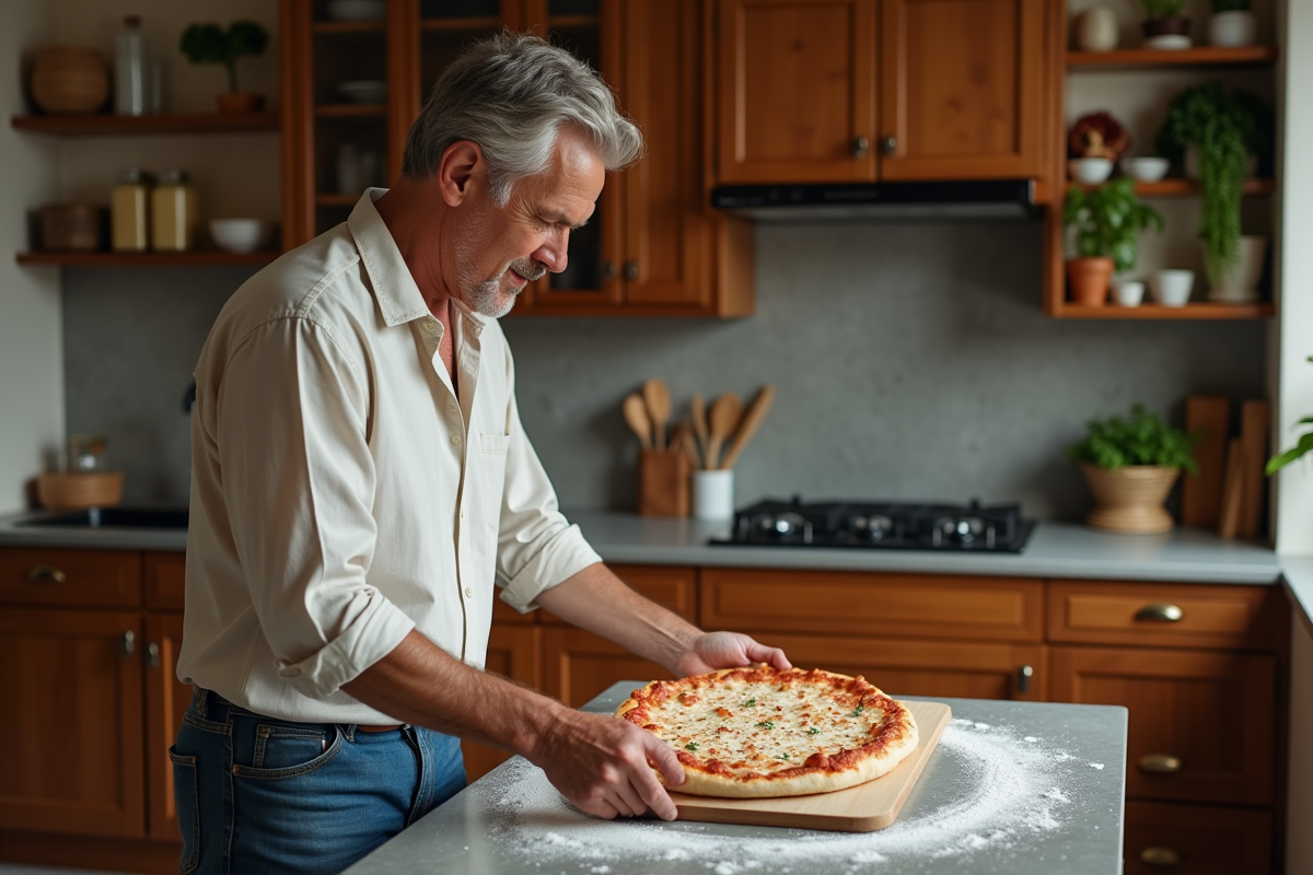 Homme en chemise en lin préparant une pizza dans une cuisine chaleureuse