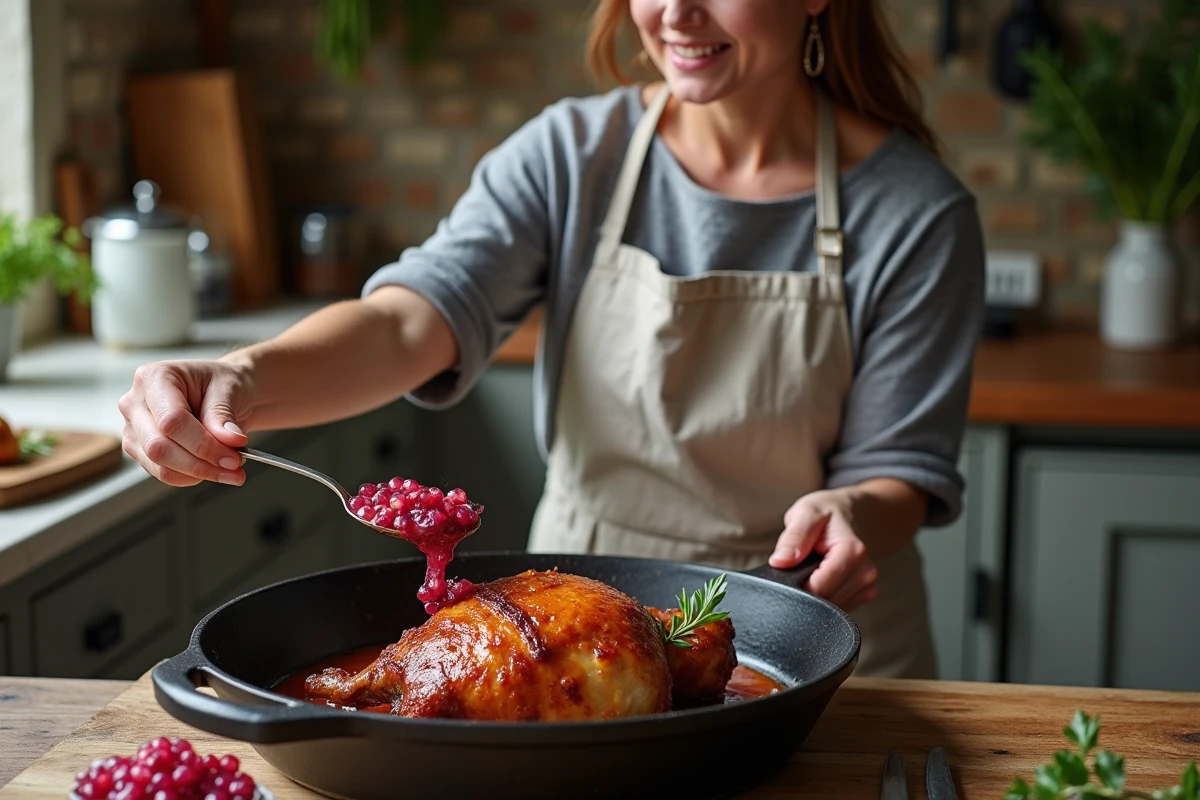 Cuisinière préparant un confit de canard avec accompagnement tendance réduction de grenade dans une cuisine de ferme française modernisée