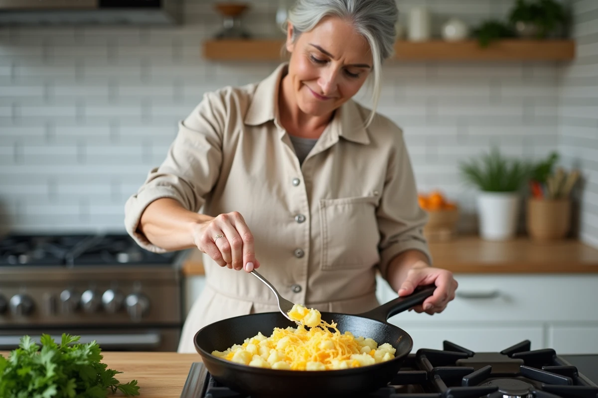 Cuisinière préparant des pommes de terre écrasées au fromage dans une cuisine domestique moderne