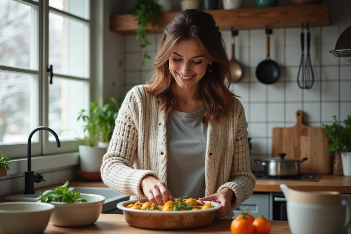 Femme préparant une casserole d