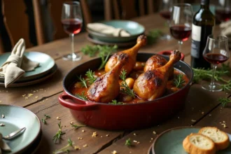 Grande cocotte en fonte de cuisses de canard mijotées au centre d'une table rustique dressée pour huit personnes