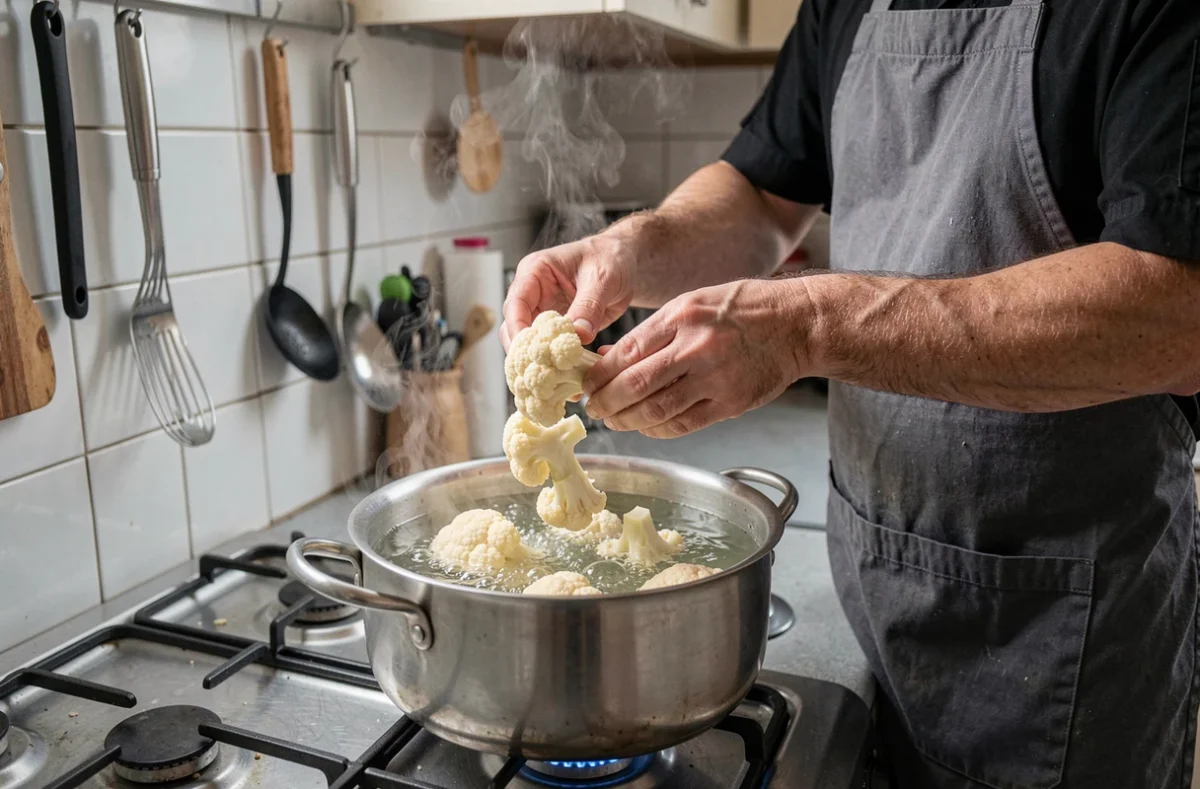 Homme ajoutant des bouquets de chou-fleur dans une casserole d'eau bouillante sur une cuisinière à gaz