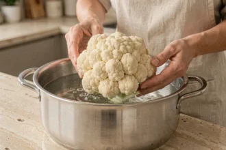 Chou-fleur entier plongé dans une casserole d'eau froide tenu par une femme en tablier de lin dans une cuisine moderne