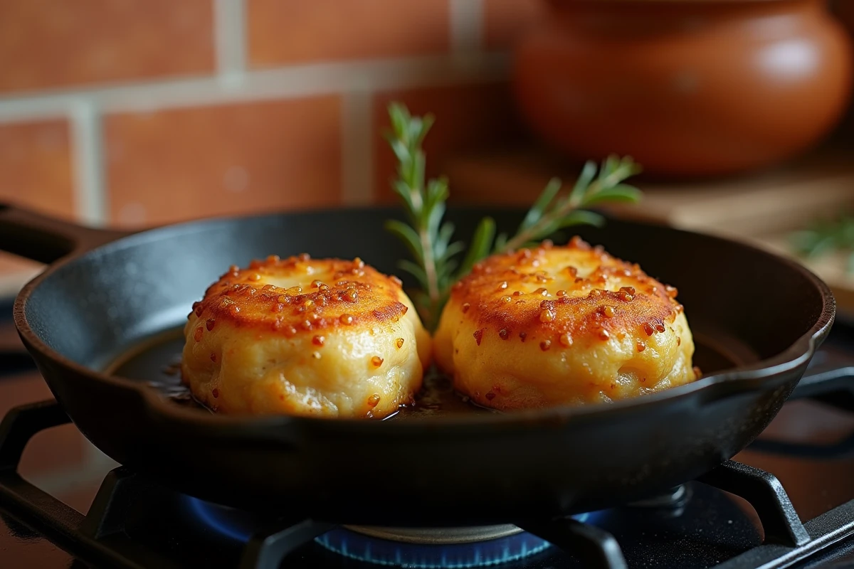 Crépinettes dorées en train de cuire dans une poêle en fonte sur une cuisinière à gaz dans une cuisine rustique française