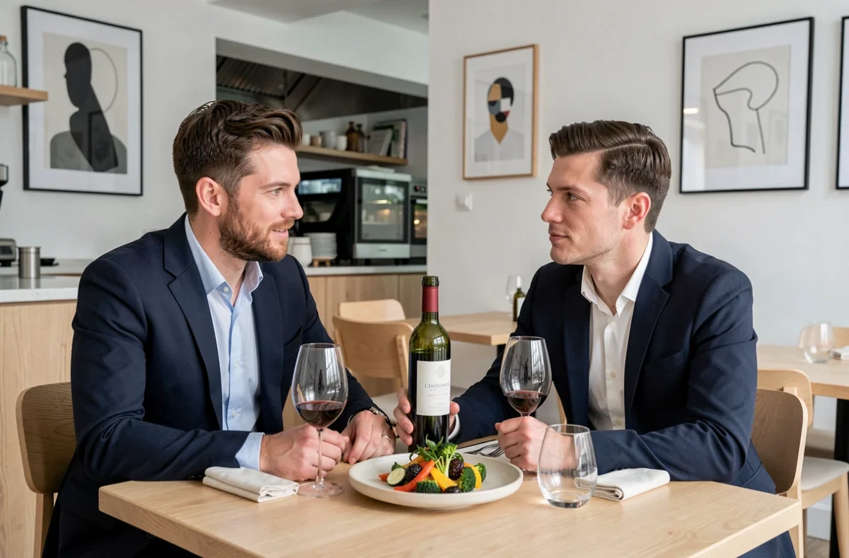 Intérieur épuré et contemporain du bistrot De Part et d'Autre à Bordeaux avec plat raffiné et deux clients attablés