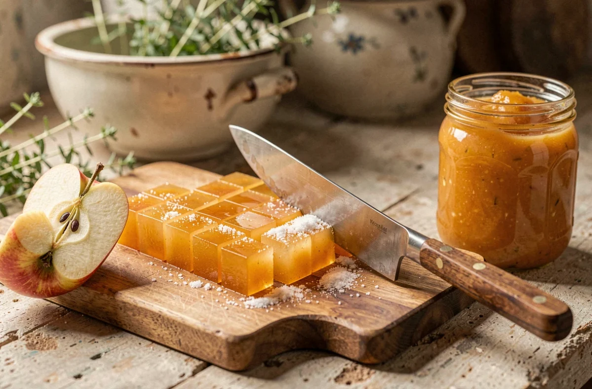 Découpe de pâtes de fruit maison à la pomme sans additifs ni colorant sur une planche en bois dans une cuisine rustique