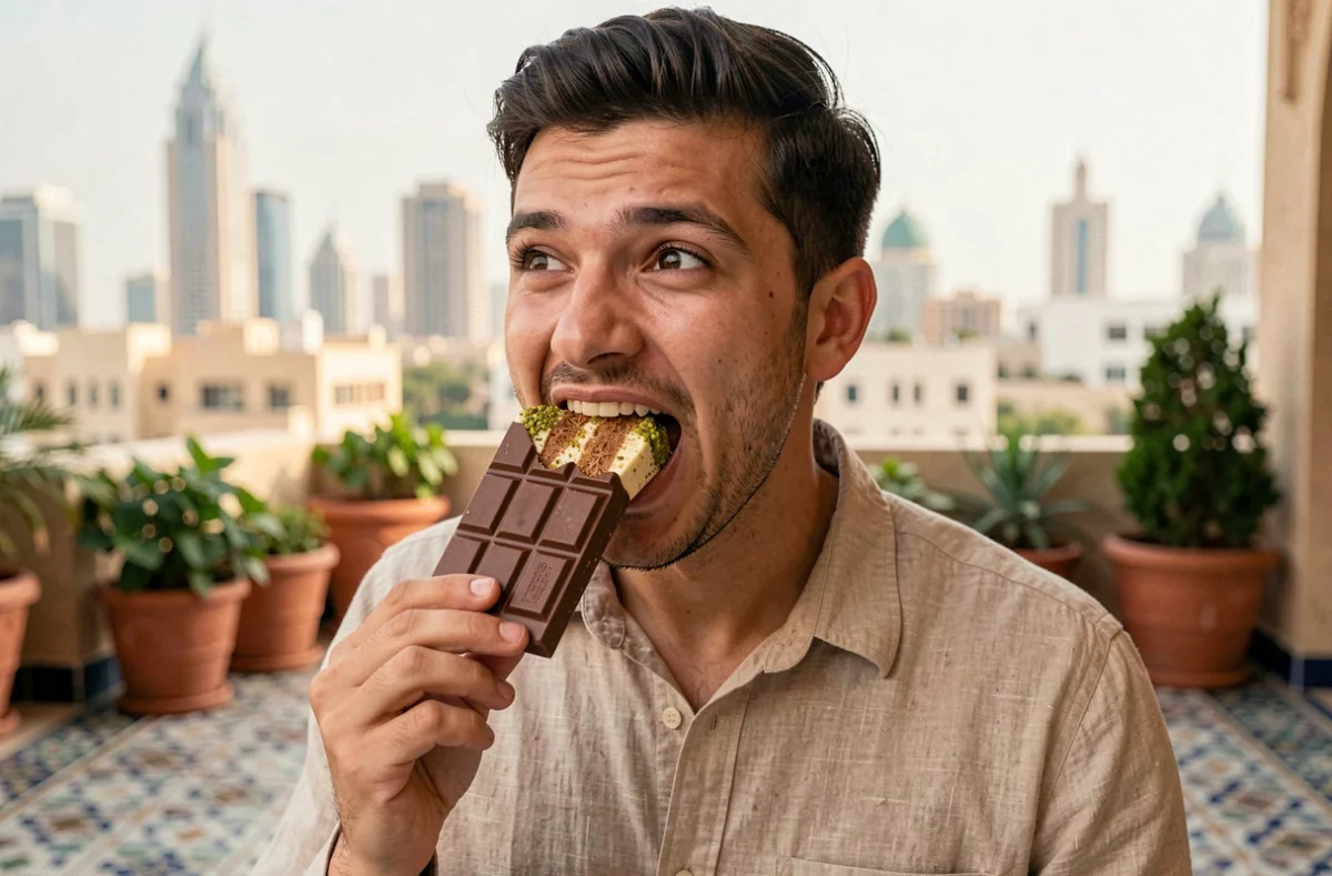 Jeune homme dégustant une tablette de chocolat au lait façon Dubaï fourrée au knafeh et à la crème de pistache sur une terrasse urbaine