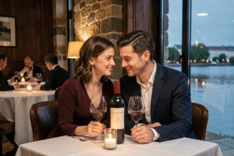 Couple en dîner romantique dans un restaurant au bord du lac de Bordeaux avec vue sur l'eau