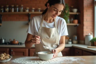 Femme dosant de la farine avec une cuillère à soupe dans une cuisine rustique en bois