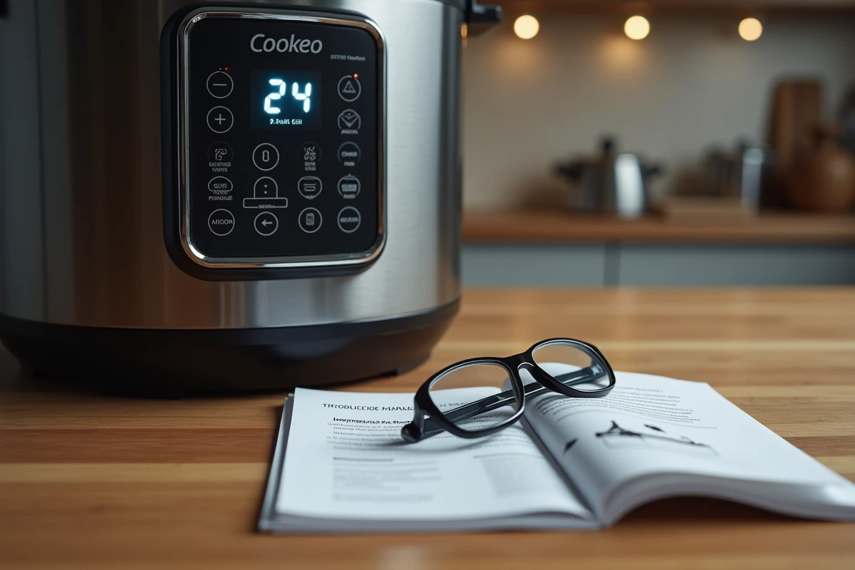 Gros plan sur l'écran du Cookeo affichant le code erreur 24 avec la notice Moulinex ouverte