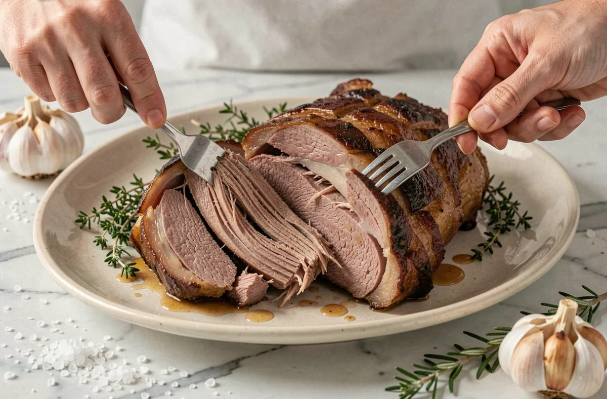 Mains effilochant une épaule d'agneau confite basse température sur un plat de service avec jus réduit et herbes fraîches
