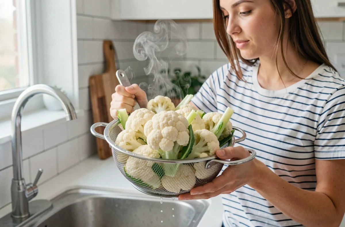 Jeune femme égouttant un chou-fleur cuit à la vapeur dans une passoire au-dessus de l'évier de cuisine