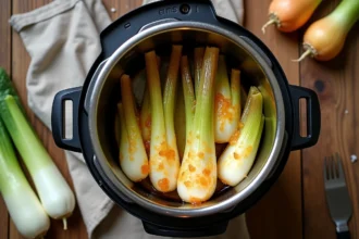Endives fondantes dorées dans une cocotte minute ouverte sur un plan de travail en bois rustique