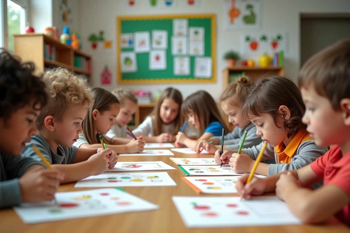 Enfants créant des fiches fruits et légumes Z à l'école
