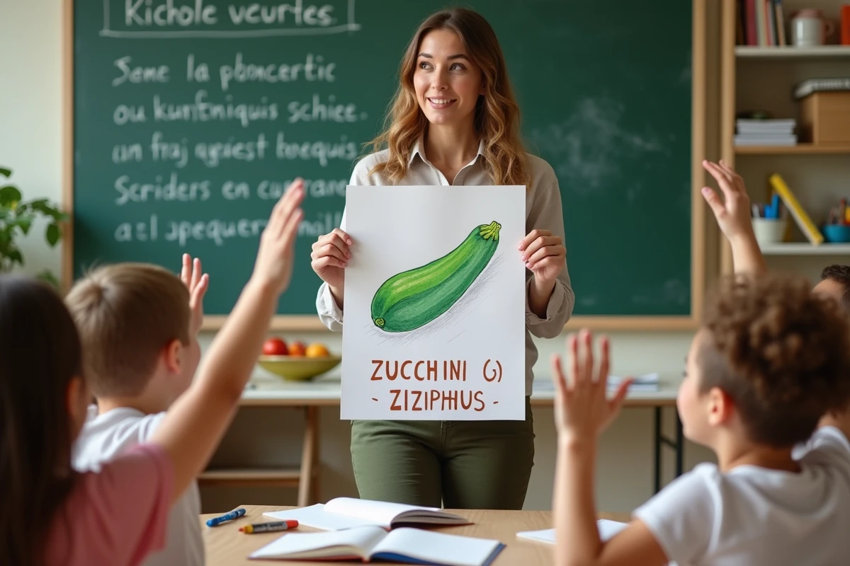 Professeure montrant une affiche de Zucchini et Ziziphus aux élèves