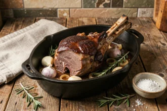 Épaule d'agneau confite basse température dans une cocotte en fonte avec ail, romarin et jus de cuisson caramélisés