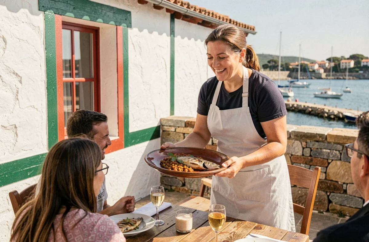 Cheffe présentant un plat basque en terrasse de L'Esquirou à Capbreton avec vue sur le port et décor blanc et vert typique