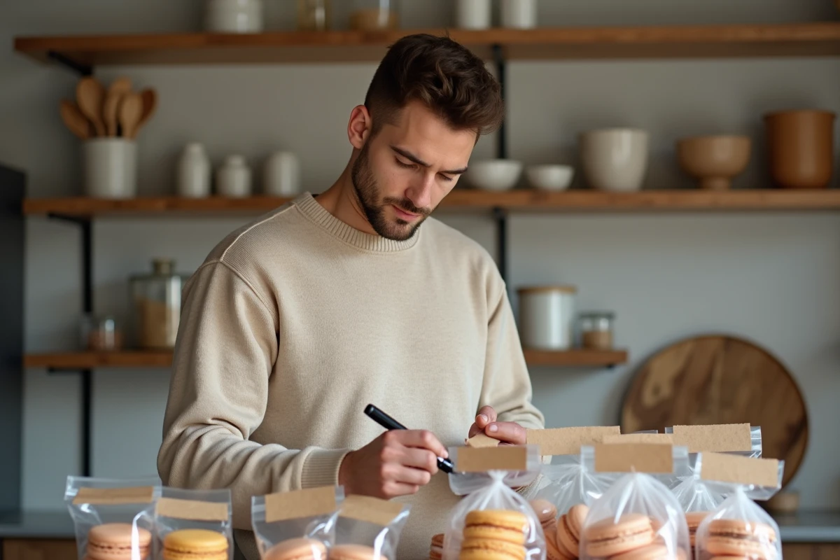 Jeune homme étiquetant des sachets transparents de coques de macarons vides devant des étagères de cuisine pour préparer une vente maison