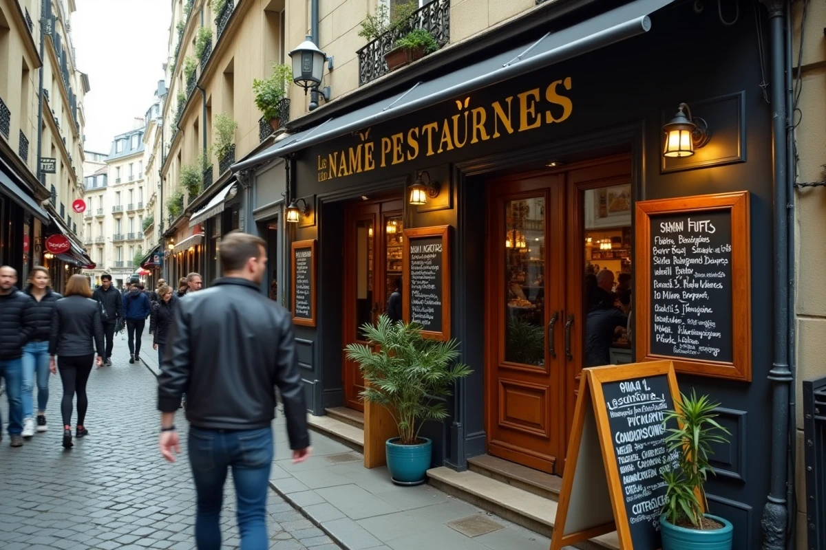 Façade d'un restaurant libanais sur la rue Mouffetard à Paris avec terrasse et devanture typique du quartier