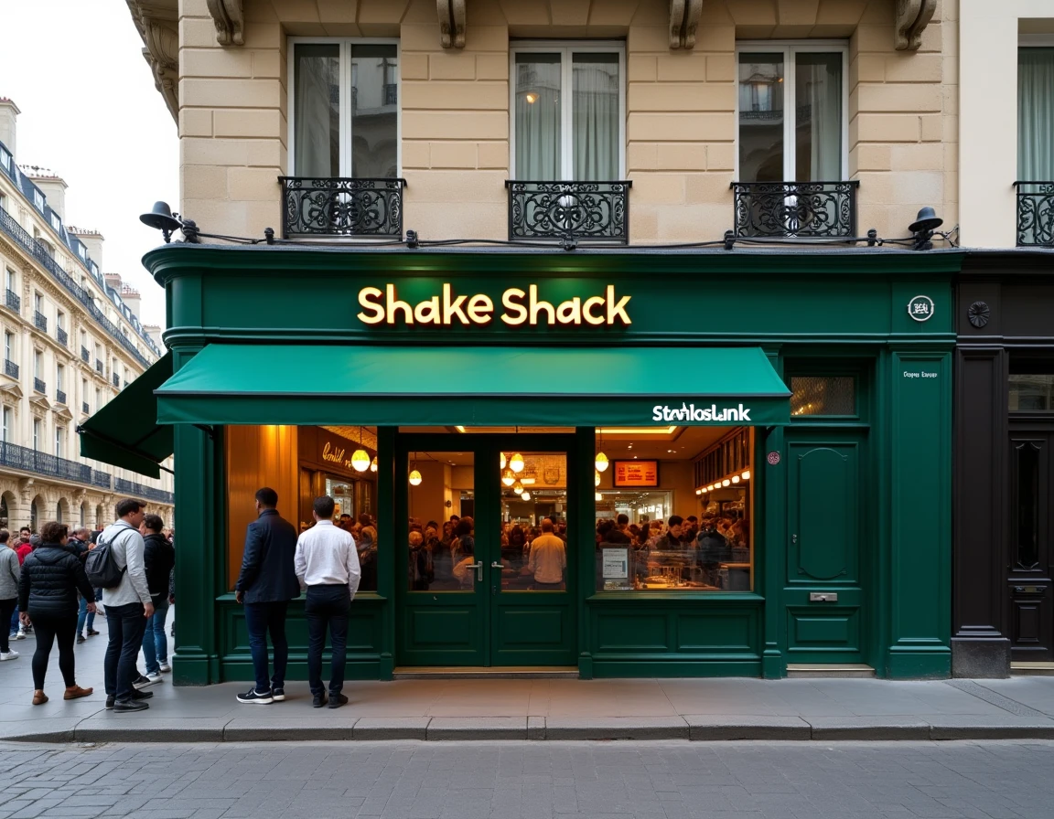 Façade du restaurant Shake Shack à Paris avec file d'attente devant l'enseigne verte sur boulevard haussmannien