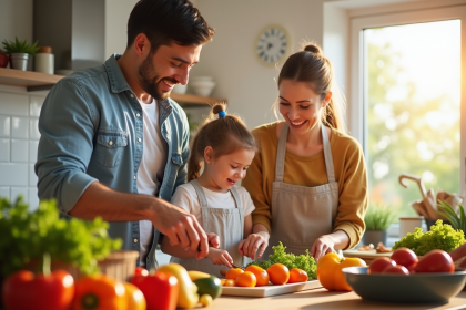 Famille heureuse cuisinant ensemble dans une cuisine lumineuse