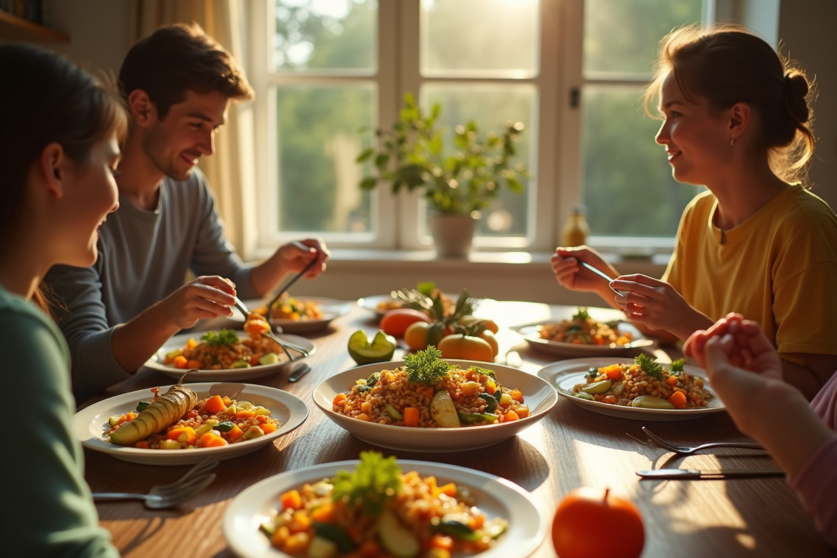 Famille dégustant un repas avec zucchinis et jujubes