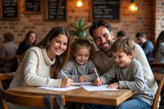 Famille avec deux enfants attablée dans un restaurant kids-friendly à Lille, ambiance chaleureuse en brasserie au décor brique et bois