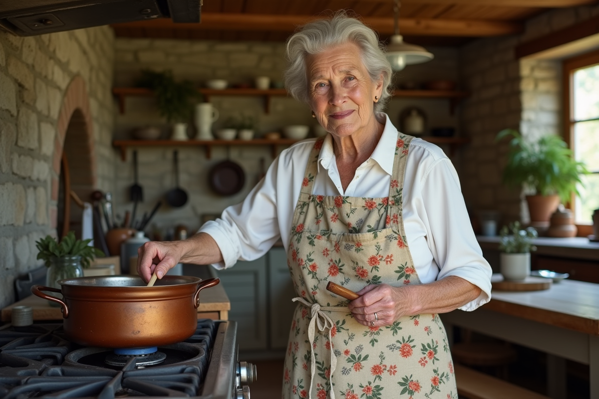Femme âgée en cuisine traditionnelle française avec casserole en cuivre