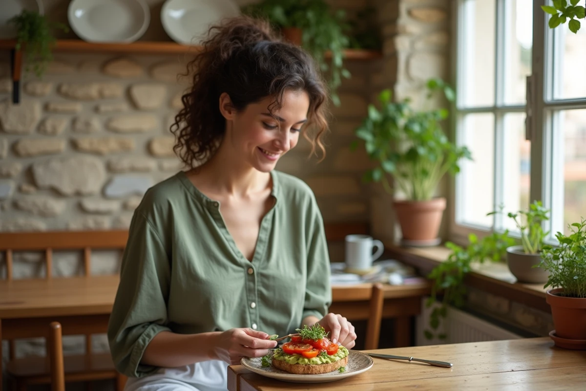 Jeune femme dégustant un toast avocat dans un café cosy d'Hyères lors d'un brunch du samedi matin