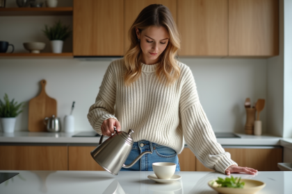 Femme versant de l'eau dans une tasse en cuisine moderne