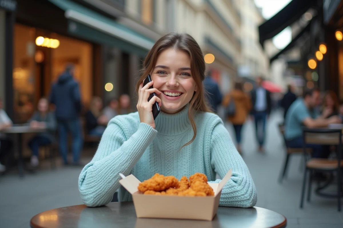 Femme souriante enregistrant une vidéo avec poulet frit