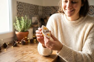 Femme souriante tenant un calisson décoré dans une cuisine lumineuse