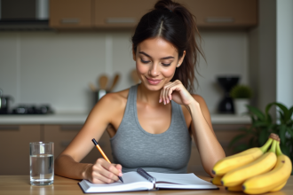 Femme en casual lisant un carnet dans une cuisine moderne