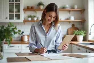 Jeune femme examine des échantillons de cuisine à la maison