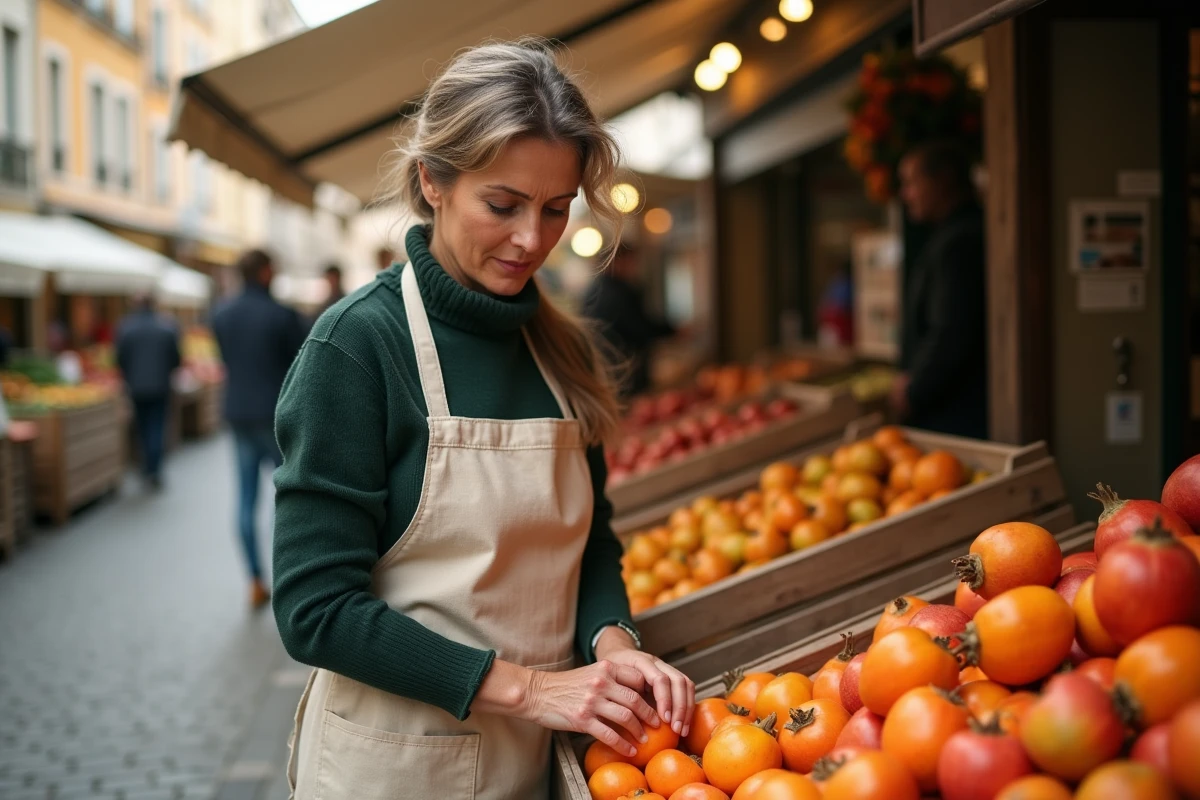 Femme choisissant des kakis mûrs sur un étal de marché automnal en France pour trouver les fruits à parfaite maturité