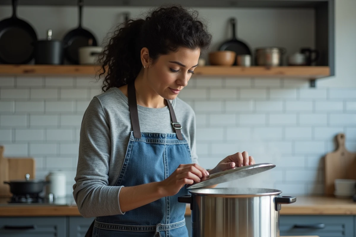 Femme ouvrant une cocotte-minute dans une cuisine moderne pour préparer une potée du soir