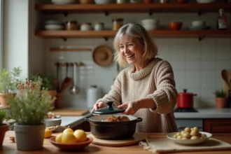 Femme souriante soulève le couvercle d'une cocotte en fonte avec porc et pommes de terre
