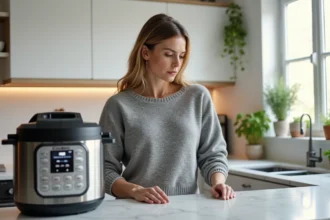 Femme consultant l'affichage d'un Cookeo Moulinex affichant un code erreur dans une cuisine moderne