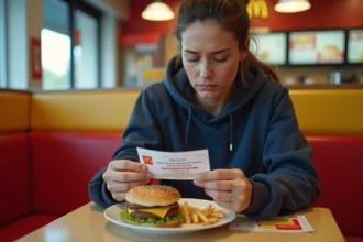 Une femme examine un coupon de réduction McDonald's à côté d'un menu Big Mac dans un restaurant McDo en France
