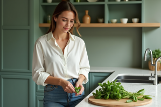 Femme en cuisine moderne arrangeant du basilic frais