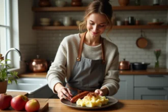 Jeune femme souriante servant du boudin noir avec purée maison