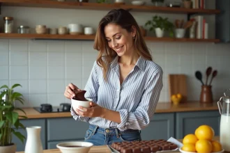 Femme versant la pate de chocolat dans un moule en céramique
